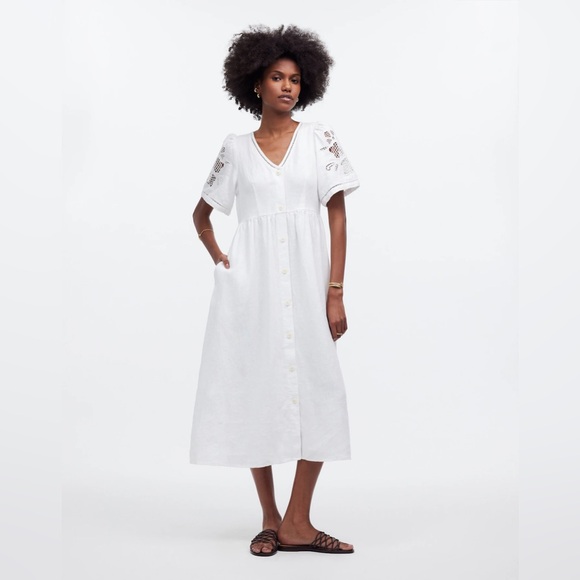 Madewell NWT Cassie Button-Front Midi Dress in Linen Size Small in Eyelet White - Picture 2 of 13